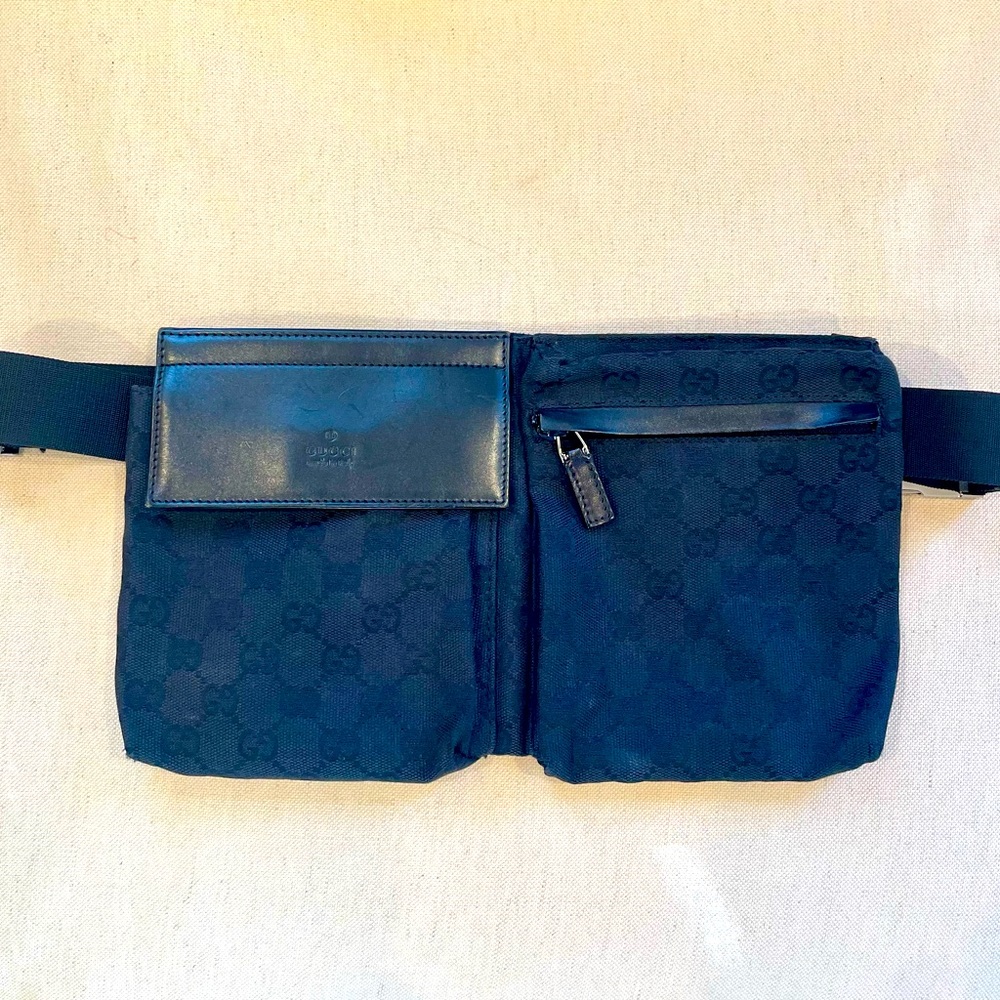 GUCCI Double Pocket Black GG Monogram Canvas Belt Bag